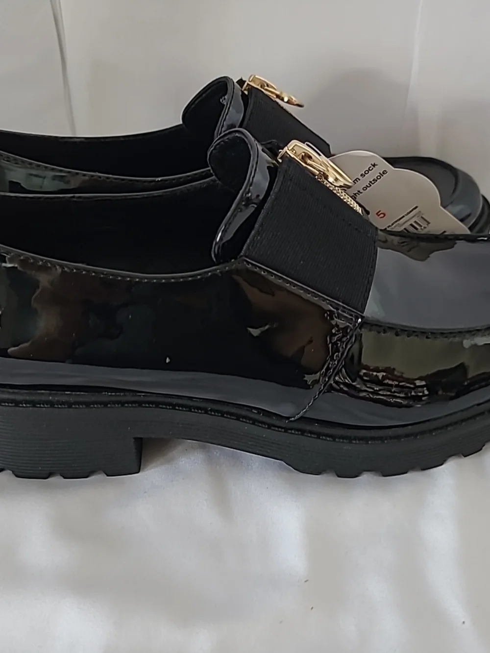 Wonder Nation Black Patent Loafers with Gold Heart Zippers